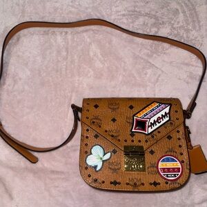 MCM Tan Crossbody Bag with Colorful Patches